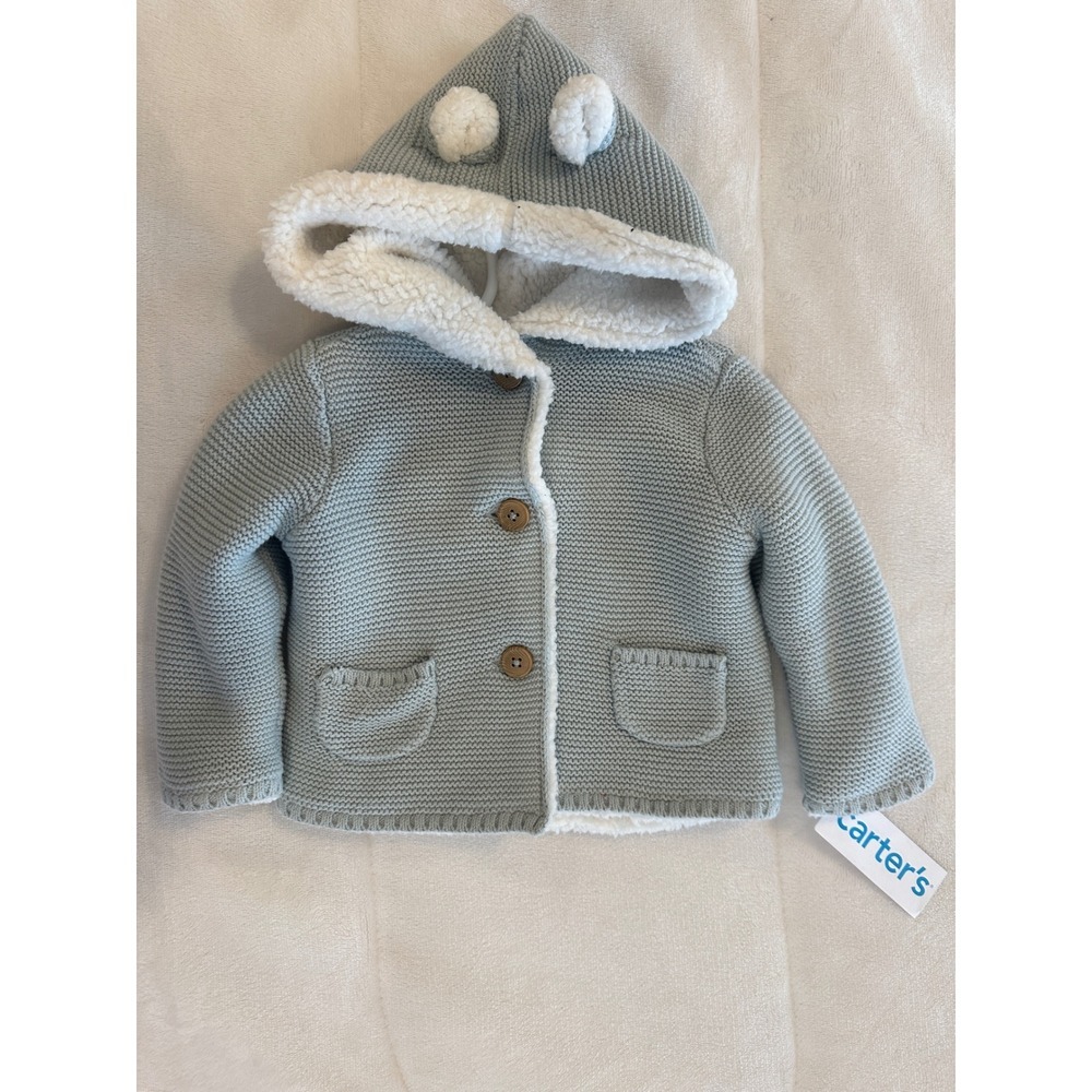 Carters Baby Gray Knit Hooded Cardigan‎ Sweater Pom Pom Pockets New 9M